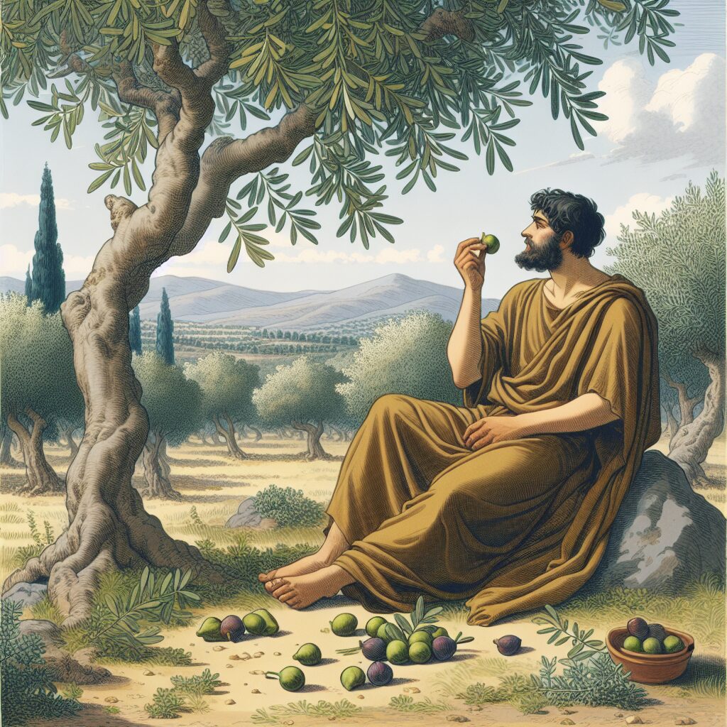 Mediocrates eating fig under an olive tree.